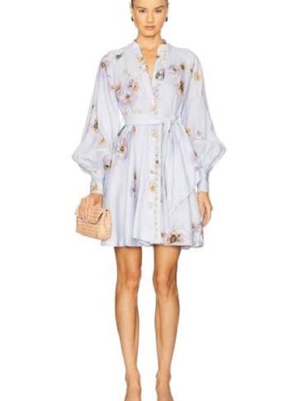 Zimmermann Floral Poppy Light Blue Floral Mini Dress with Tie Waist